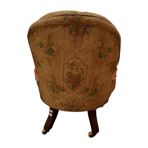 732 - A SMALL VICTORIAN UPHOLSTERED SPOONBACK CHAIR with iron-framed back, on turned mahogany front legs a... 