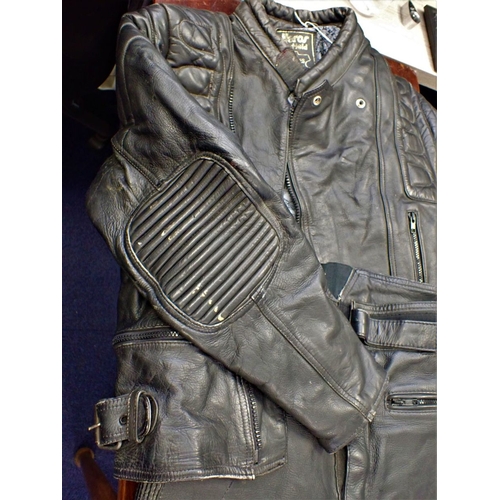 90 - MOTORCYCLE LEATHERS black, worn condition, approx size 38/40inch chest, 34 inch waist.