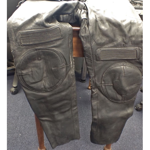 90 - MOTORCYCLE LEATHERS black, worn condition, approx size 38/40inch chest, 34 inch waist.