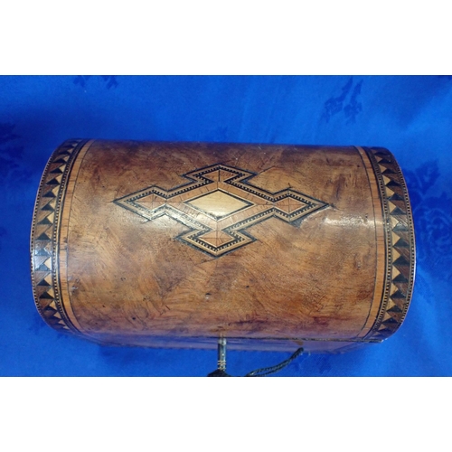 110 - A VICTORIAN WALNUT AND PARQUETRY TEA CADDY with domed top