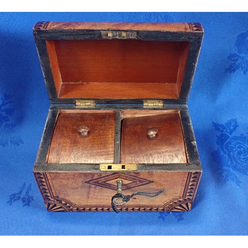 110 - A VICTORIAN WALNUT AND PARQUETRY TEA CADDY with domed top