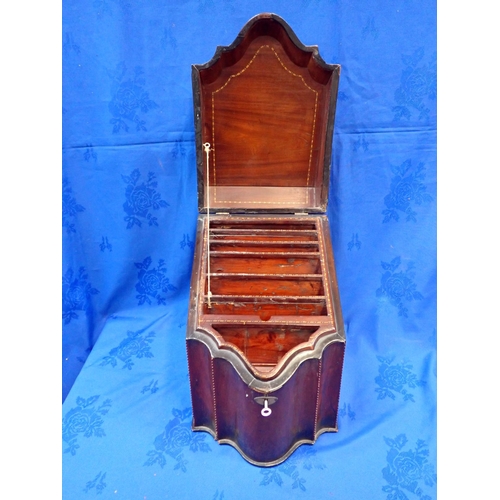 118 - A LATE 18th CENTURY MAHOGANY STATIONERY BOX with stringing decoration, in the style of a knife box, ... 