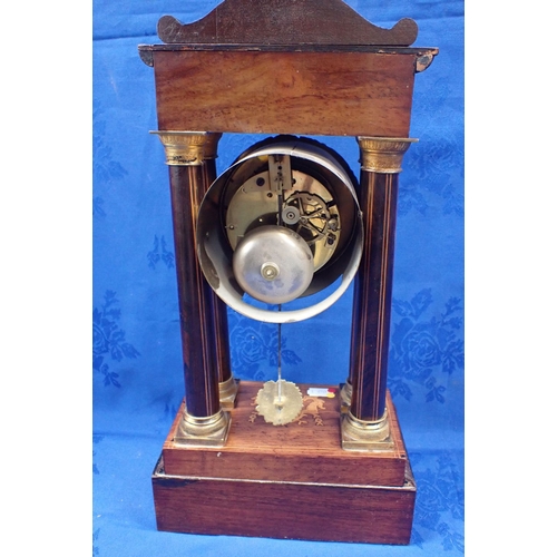 173 - A 19TH CENTURY ROSEWOOD AND MARQUETRY PORTICO CLOCK countwheel strike on a bell 43cm high (working, ... 