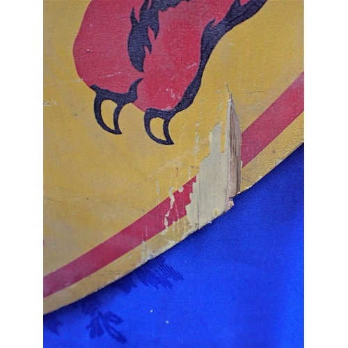 20 - A PAINTED DECORATIVE WOODEN SHIELD with the Scottish lion rampant, 51 x 60cm