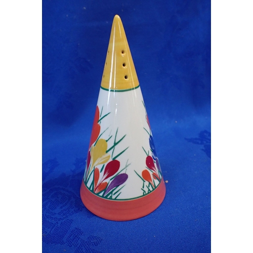 293 - A CLARICE CLIFF 'CROCUS' CONICAL SUGAR SHAKER 14 cm high