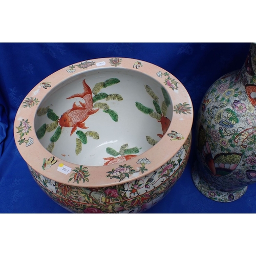 308 - A MODERN CHINESE FISH BOWL, IN THE FAMILLE ROSE STYLE 37cm diameter, and a similar vase (the vase a/... 