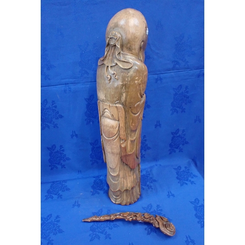 309 - CARVED CHINESE BAMBOO FIGURE 74 cm high, damage to staff