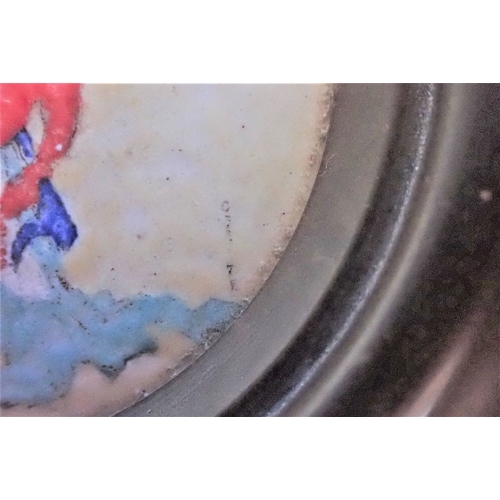 318 - A JAPANESE ENAMEL PAINTING OF A MUSICIAN on convex disc, indistinctly signed, in a moulded circular ... 