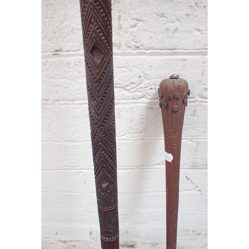 339 - A TAI-AHA MAORI FIGHTING STAFF 134cm some shell missing, and a tribal club (2)