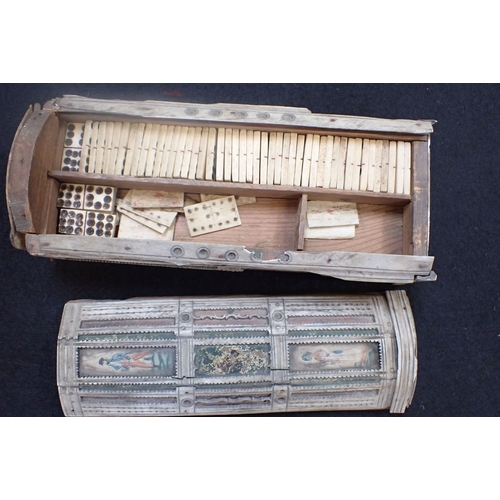 459 - A NAPOLEONIC PRISONER-OF-WAR BOX OF BONE DOMINOES the box covered with worked bone framing naive wat... 