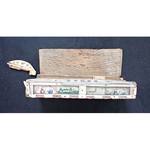 459 - A NAPOLEONIC PRISONER-OF-WAR BOX OF BONE DOMINOES the box covered with worked bone framing naive wat... 