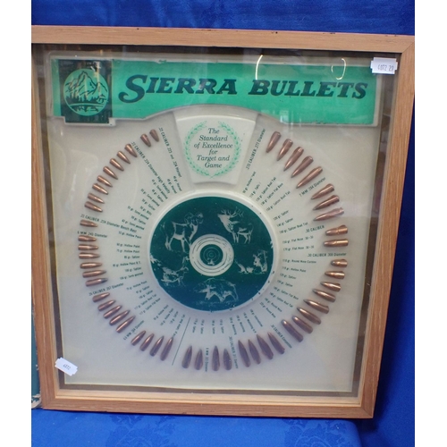 205 - A 'SIERRA BULLETS' FRAMED ADVERTISING DISPLAY with a 'Beef chart, Wholesale and Retail Cuts'