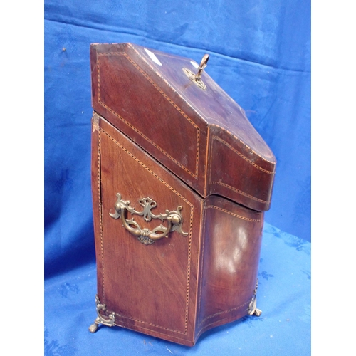 101 - A GEORGE III INLAID MAHOGANY KNIFE BOX (some damage) containing some bone handled knives