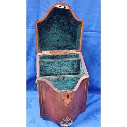 101 - A GEORGE III INLAID MAHOGANY KNIFE BOX (some damage) containing some bone handled knives