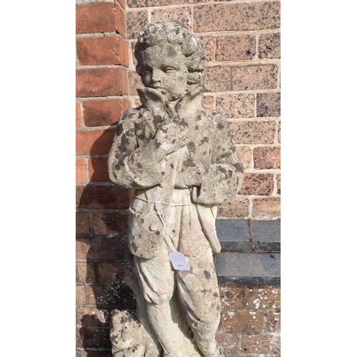 14 - A RECONSTITUTED STONE GARDEN FIGURE OF A BOY on a panelled plinth,116cm high