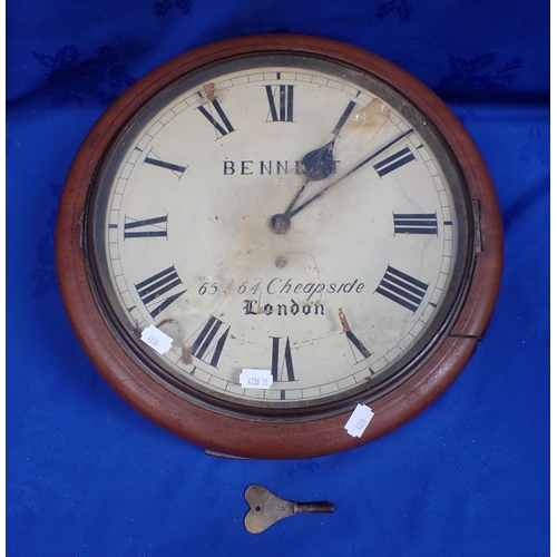 175 - A MAHOGANY CASED SINGLE TRAIN FUSEE DIAL CLOCK 30cm dial, signed 'Bennett 65 & 64 Cheapside London' ... 