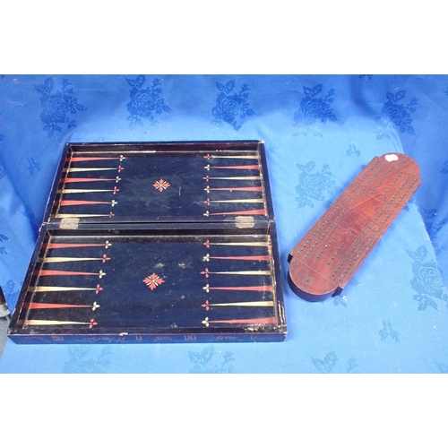 202 - A CHINESE LACQUERED GAMES BOX another similar (some damage), and a 19th century mahogany cribbage bo... 