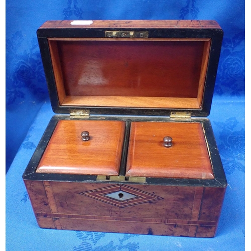 205 - A VICTORIAN PARQUETRY TEA CADDY together with a rosewood tea caddy and a brass bound box