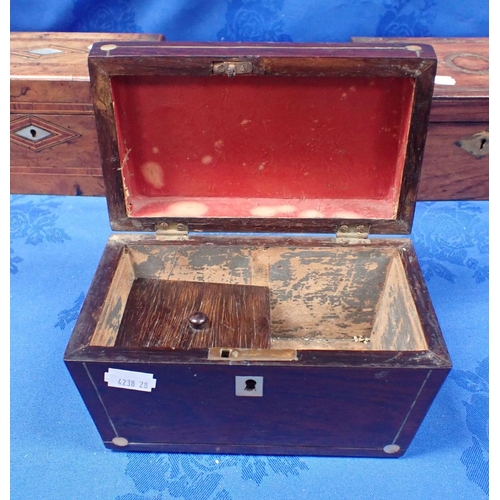 205 - A VICTORIAN PARQUETRY TEA CADDY together with a rosewood tea caddy and a brass bound box