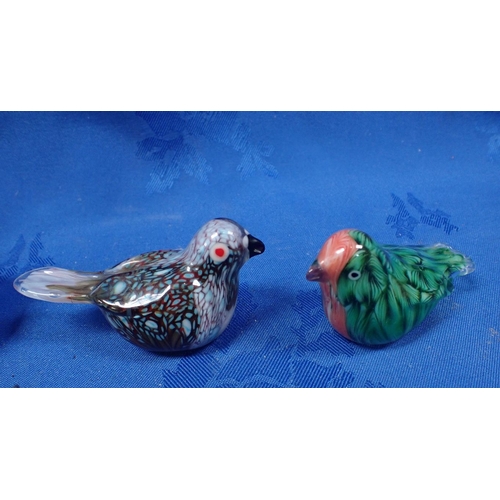 233 - TWO STUDIO GLASS BIRDS with other glass animals and vase