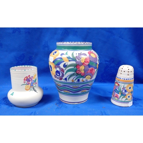 242 - CARTER STABLER AND ADAMS POOLE VASE 1920s/1930s, /YO pattern, with a smaller vase and a sugar sifter... 