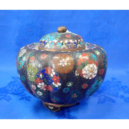 50 - JAPANESE CLOISONNE GOURD SHAPE VASE AND COVER late 19th century, 14 cms high, together with a bowl b... 