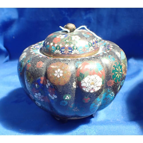 50 - JAPANESE CLOISONNE GOURD SHAPE VASE AND COVER late 19th century, 14 cms high, together with a bowl b... 