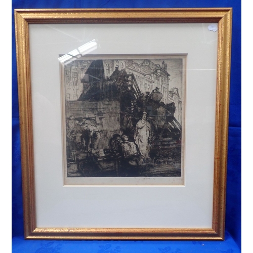 525 - SIR FRANK BRANGWYN (1867-1956) Etching, a scene of labourers on a building site 66 x 75 framed