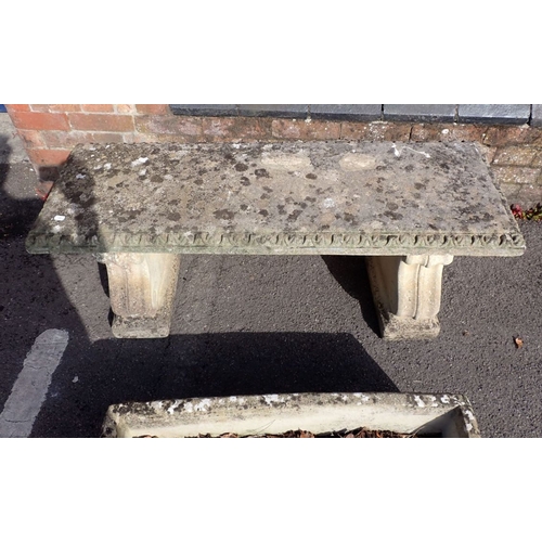 6 - A RECONSTITUTED STONE GARDEN BENCH 115cm long, and a trough 70cm long (2)