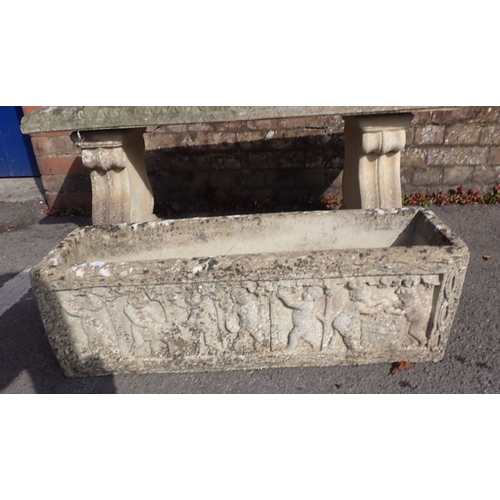 6 - A RECONSTITUTED STONE GARDEN BENCH 115cm long, and a trough 70cm long (2)