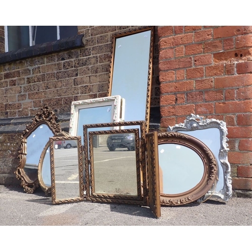 688 - A COLLECTION OF GILT FRAMED MIRRORS including a triple dressing mirror, and one painted (all smell s... 