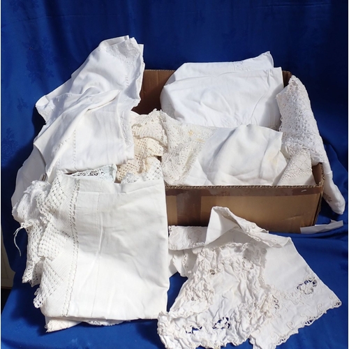 69 - A COLLECTION OF VINTAGE LINENS including a Christening gown, with a pair of mid 20th century suitcas... 