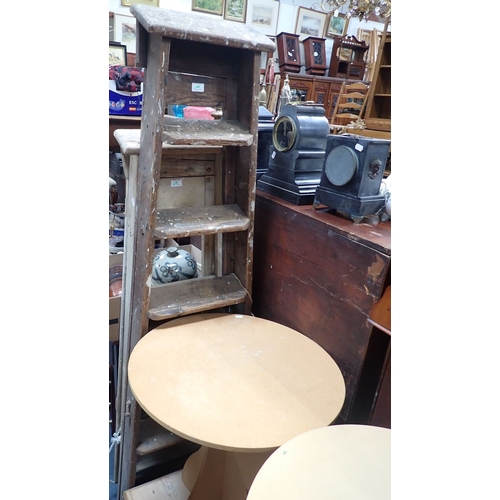 91 - TWO VINTAGE WOODEN STEPLADDERS together with a pine plinth and three round occasional table frames (... 