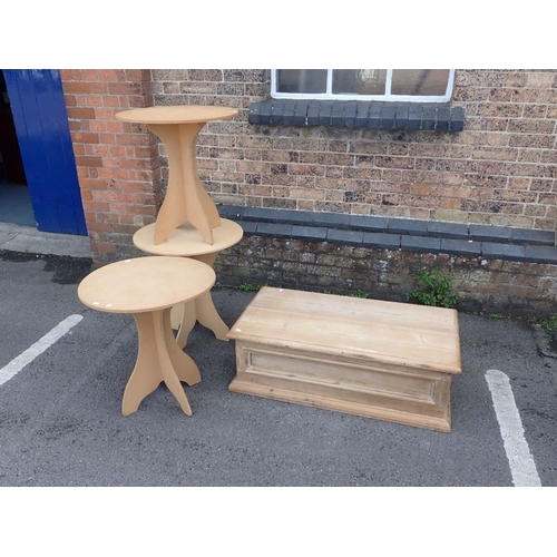 91 - TWO VINTAGE WOODEN STEPLADDERS together with a pine plinth and three round occasional table frames (... 