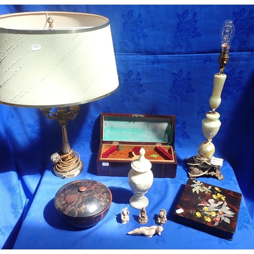 112 - TWO LACQUER BOXES AND A JEWELLERY BOX with two table lamps and other items