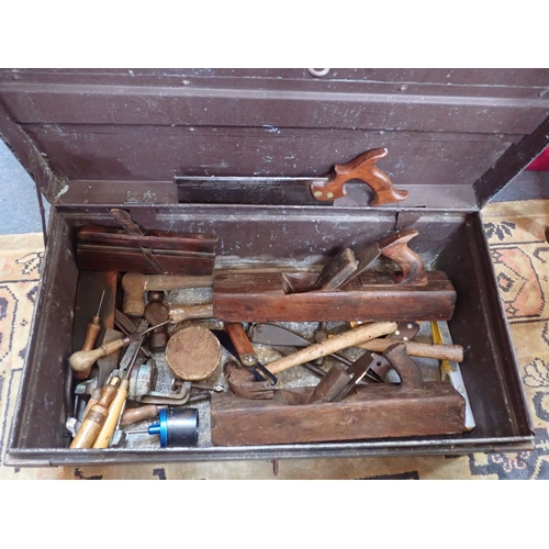 113 - A COLLECTION OF ANTIQUE WOODWORKING PLANES and other tools, in a tin box