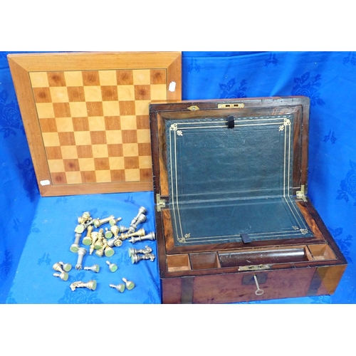 142 - A JAQUES, LONDON PARQUETRY CHESS BOARD, WITH METAL PIECES and a 19th century brass-bound writing slo... 