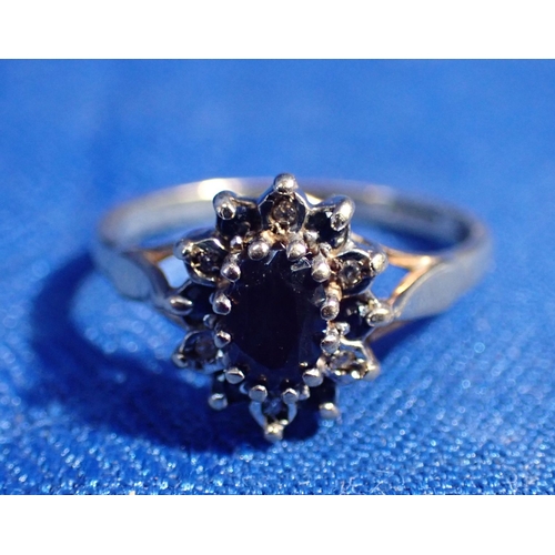 480 - A GOLD SAPPHIRE AND DIAMOND CLUSTER RING together with some costume jewellery and modern coins