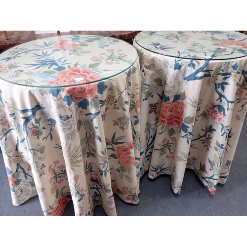 846 - A PAIR OF ROUND LAMP TABLES WITH CLOTH COVERS and glass tops, and others