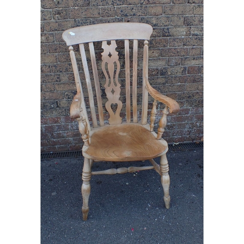 854 - A VICTORIAN ELM AND BEECH LATH-BACK WINDSOR ARMCHAIR with pierced central splat (stripped, old woodw... 