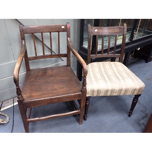 857 - A REGENCY COUNTRY ARMCHAIR WITH BOARDED SEAT AND A REGENCY SIDE CHAIR both with damages