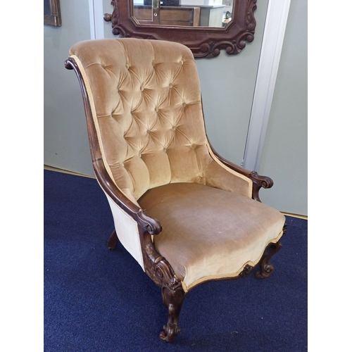 862 - A WILLIAM IV ROSEWOOD FRAMED PARLOUR CHAIR with carved decoration, and buttoned upholstery, of small... 