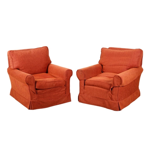 863 - A PAIR OF EASY ARMCHAIRS 20th century, with brick red cotton covers, 84cm high x 88cm wide x 102cm d... 