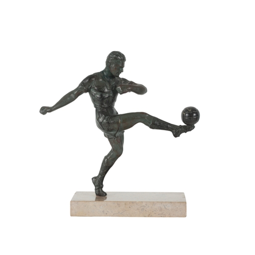 105 - TWO FRENCH BRONZE-EFFECT STUDIES OF FOOTBALLERS each on a rectangular marble base, 30cm and 27cm hig... 