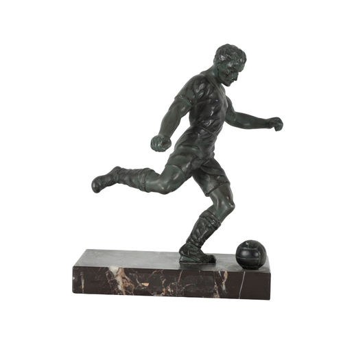 105 - TWO FRENCH BRONZE-EFFECT STUDIES OF FOOTBALLERS each on a rectangular marble base, 30cm and 27cm hig... 