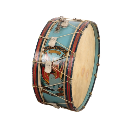 128 - A GROUP OF THREE VINTAGE BAND DRUMS the largest example with the 'Christchurch Blood & Fire Band' cr... 