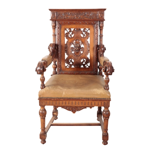 145 - A SET OF SIX VICTORIAN OAK DINING CHAIRS 19th century, including two armchairs, each with heavily ca... 