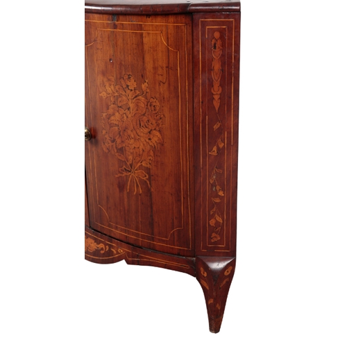 147 - AN 18TH CENTURY CONTINENTAL WALNUT AND MARQUETRY BOW-FRONT CORNER CUPBOARD the top inlaid with a cen... 