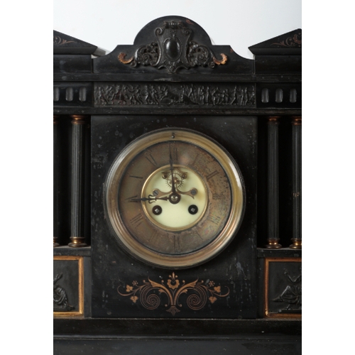 148 - A LATE VICTORIAN SLATE MANTEL CLOCK the architectural case with a relief carved frieze over the bras... 