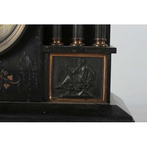 148 - A LATE VICTORIAN SLATE MANTEL CLOCK the architectural case with a relief carved frieze over the bras... 